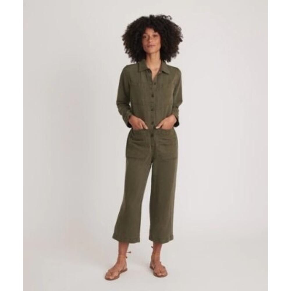 Marine Layer Women Small Charlie Utility Jumpsuit Faded Olive Green Linen Blend